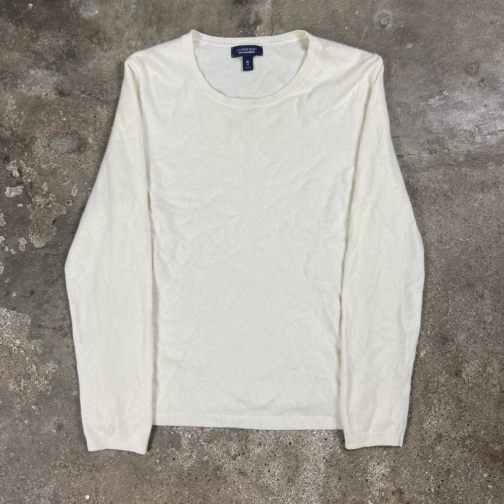 Lands' End 100% Cashmere Sweater Women's Size XL White Knit Crew Neck Pullover